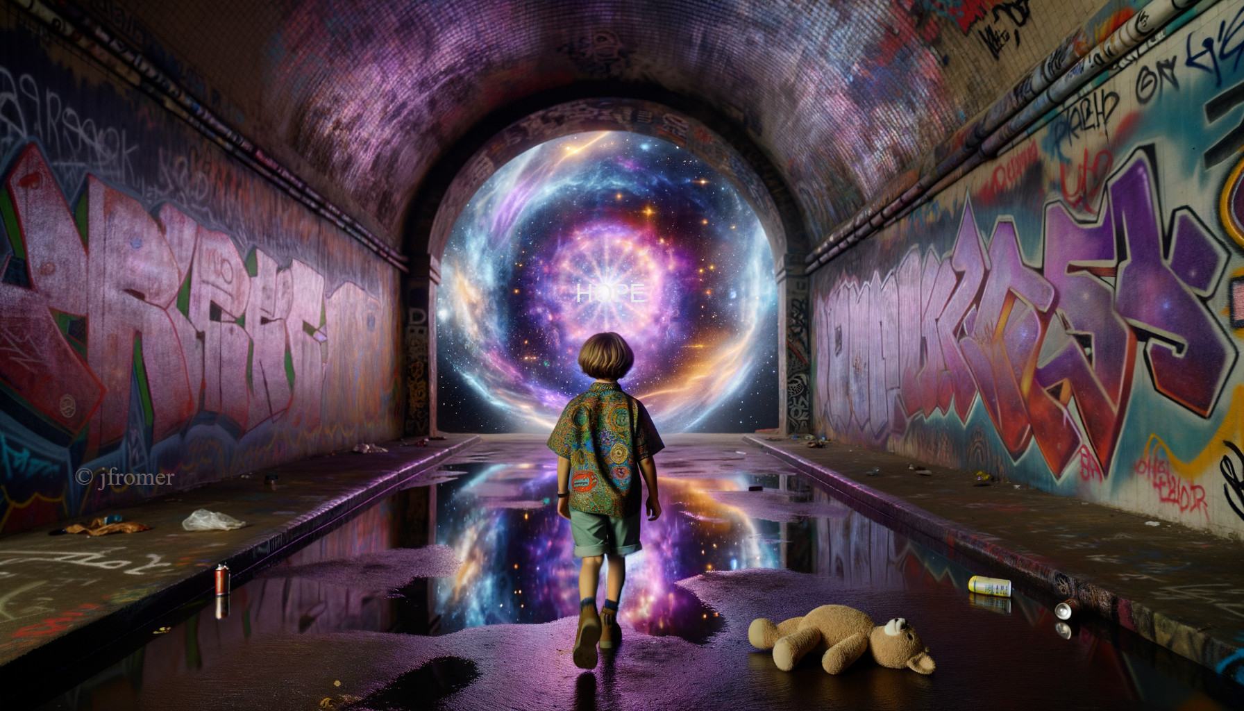 Child at graffiti tunnel with cosmic portal and teddy bear