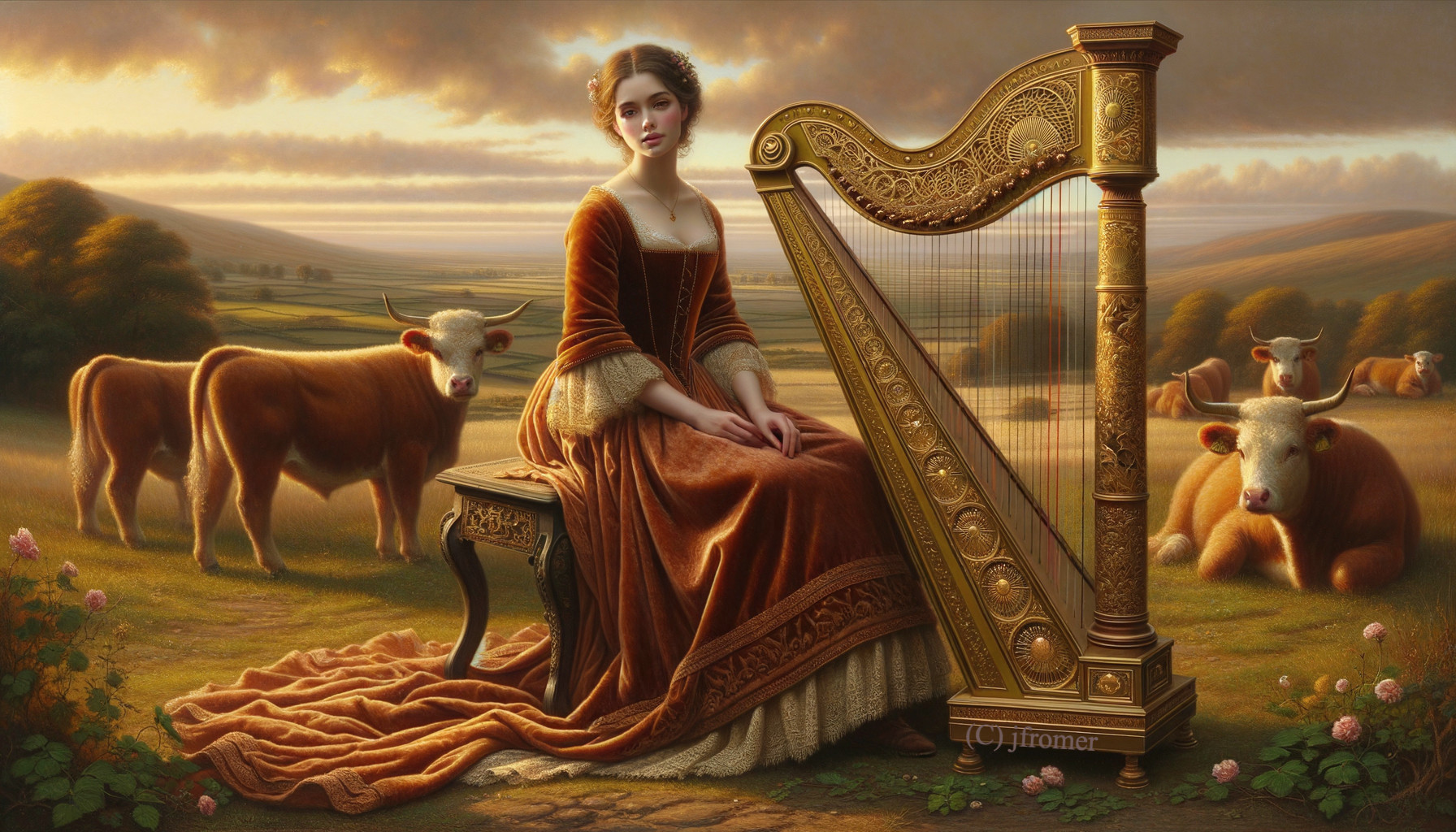 Serene Landscape with Woman, Harp, and Grazing Cows