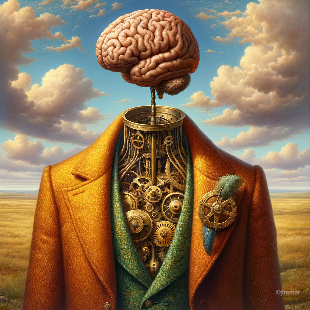 Surreal Figure with Mechanical Torso in Nature Setting