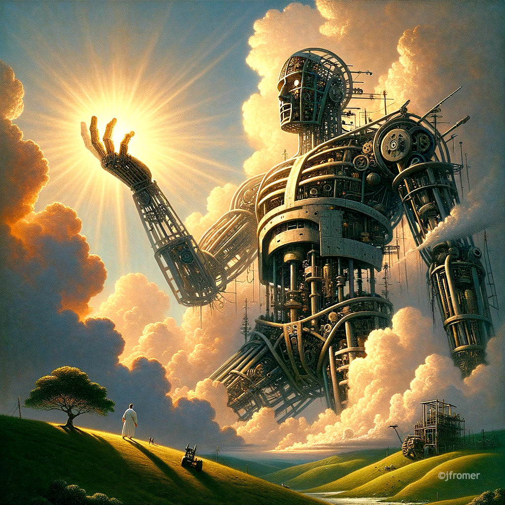 Colossal Robot in Surreal Landscape with Sunlight