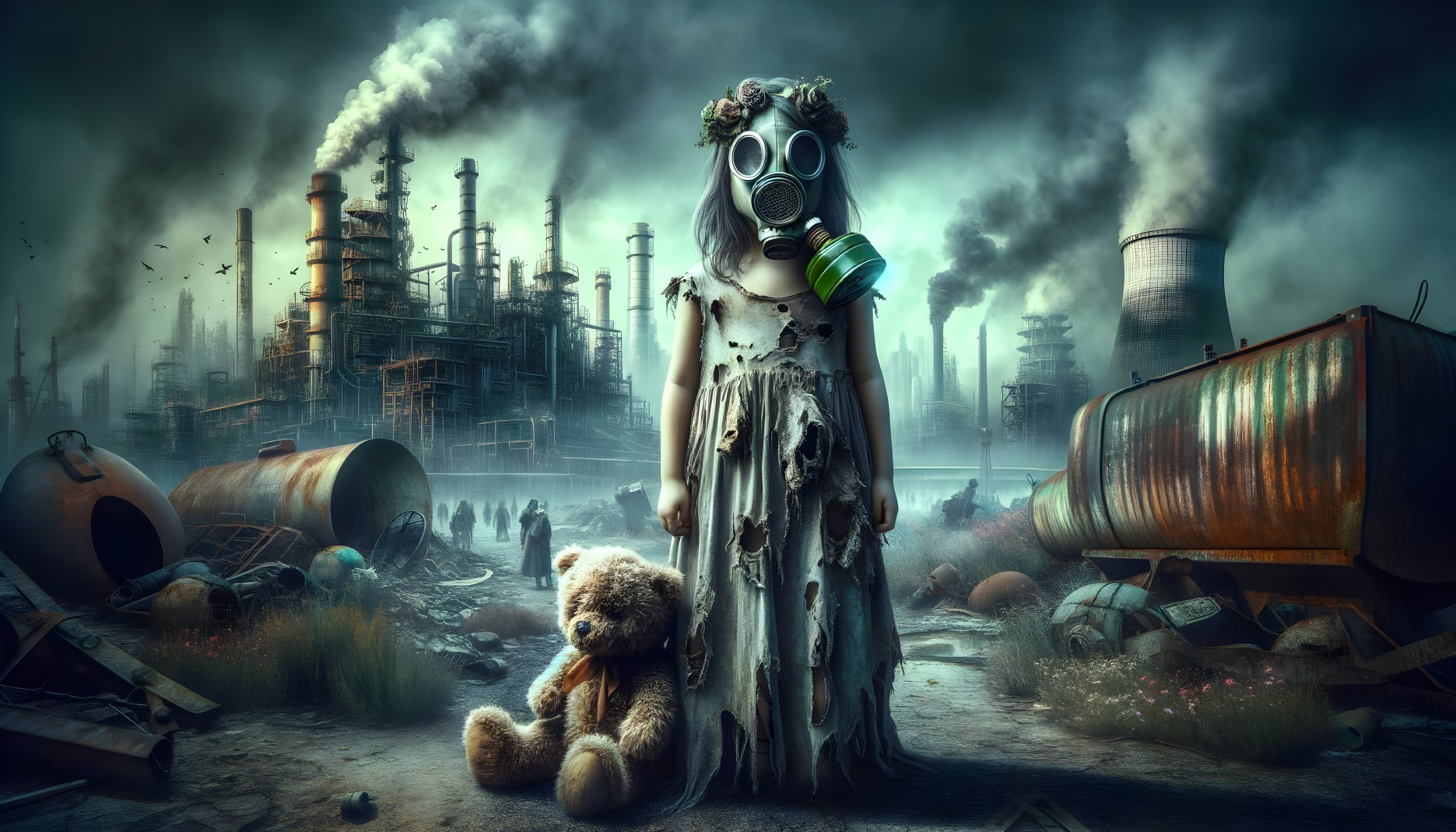 Young girl with gas mask and teddy bear in industrial wasteland.