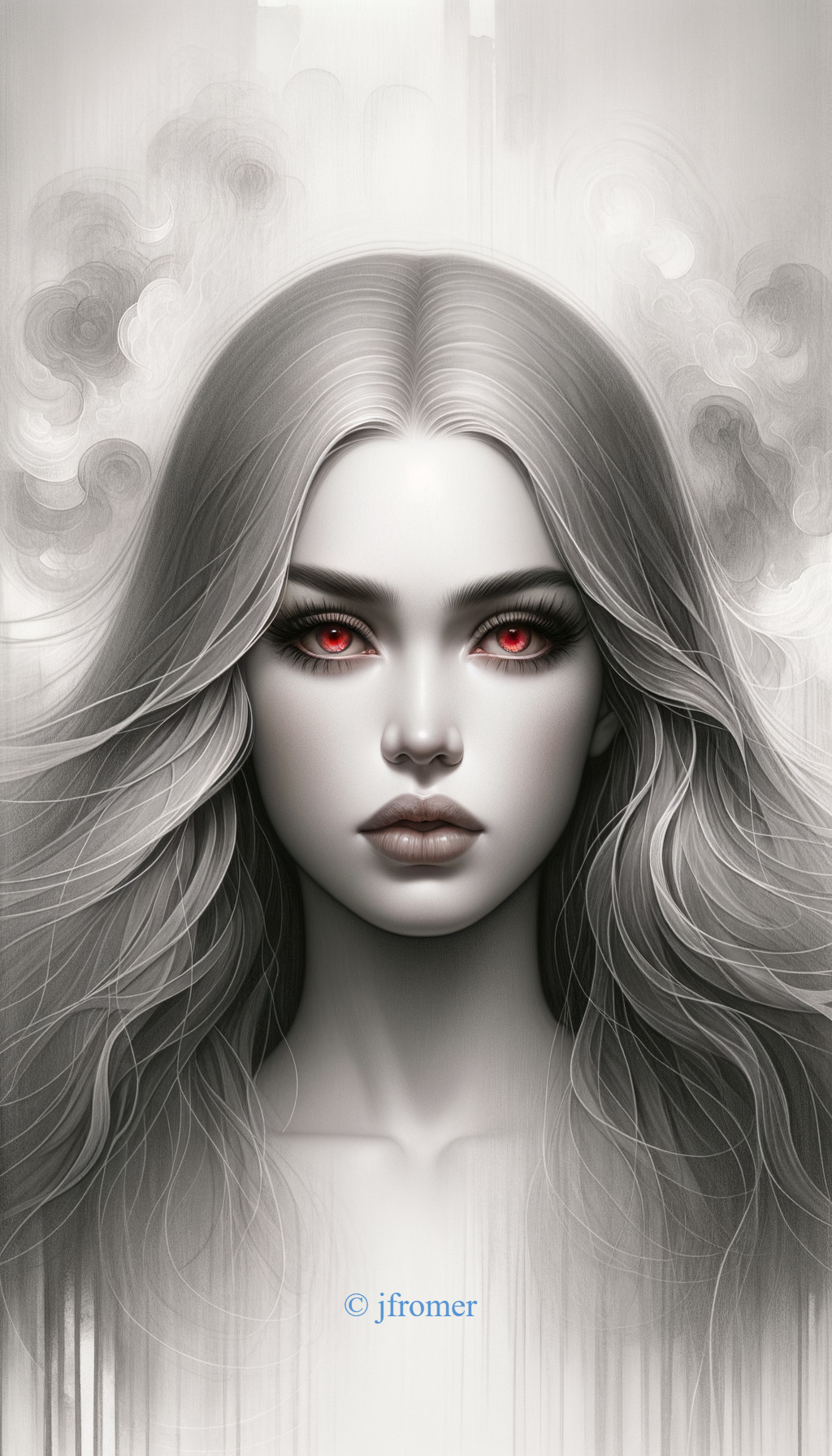 Woman with Silver Hair and Red Eyes on Monochrome Background