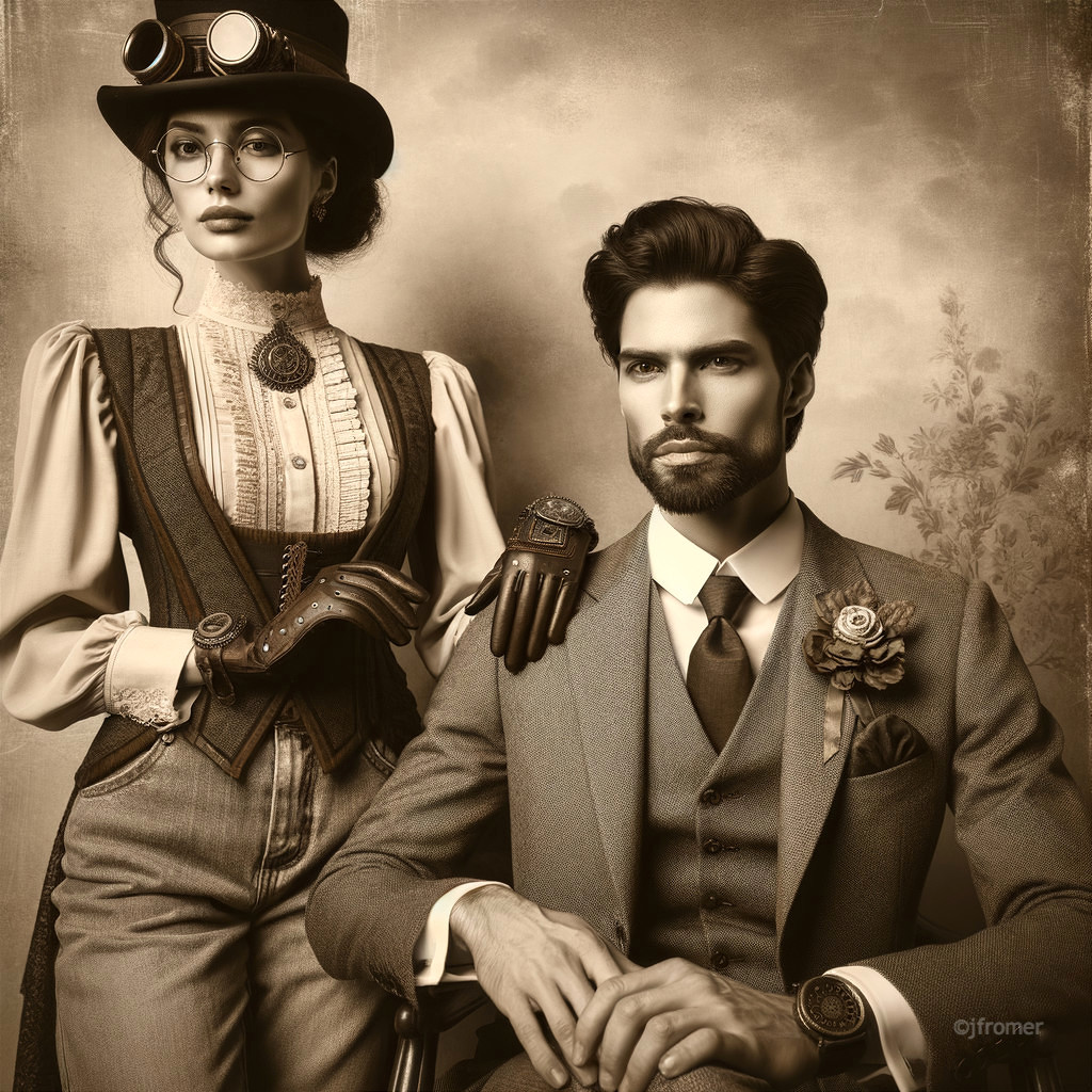 Vintage Steampunk Portrait of Man and Woman in Attire