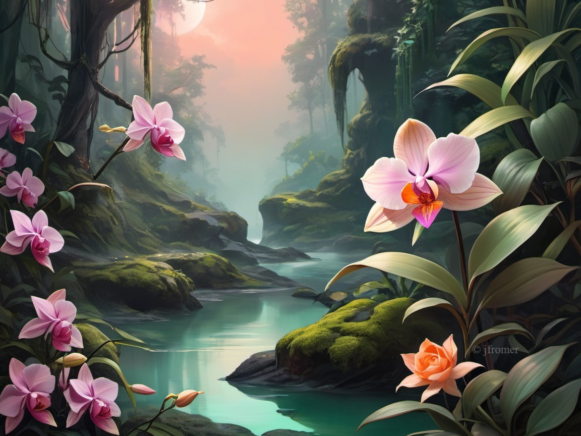 Tranquil River in Lush Jungle with Vibrant Orchids