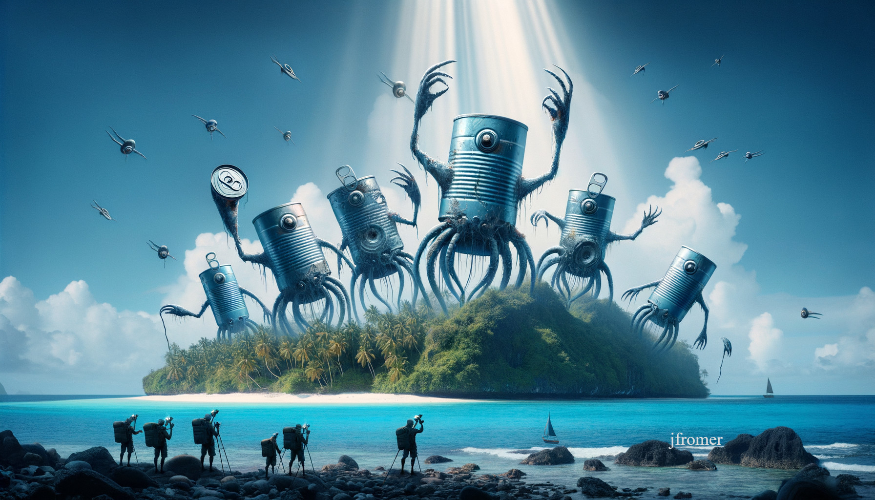Surreal Island Scene with Giant Octopus Creatures