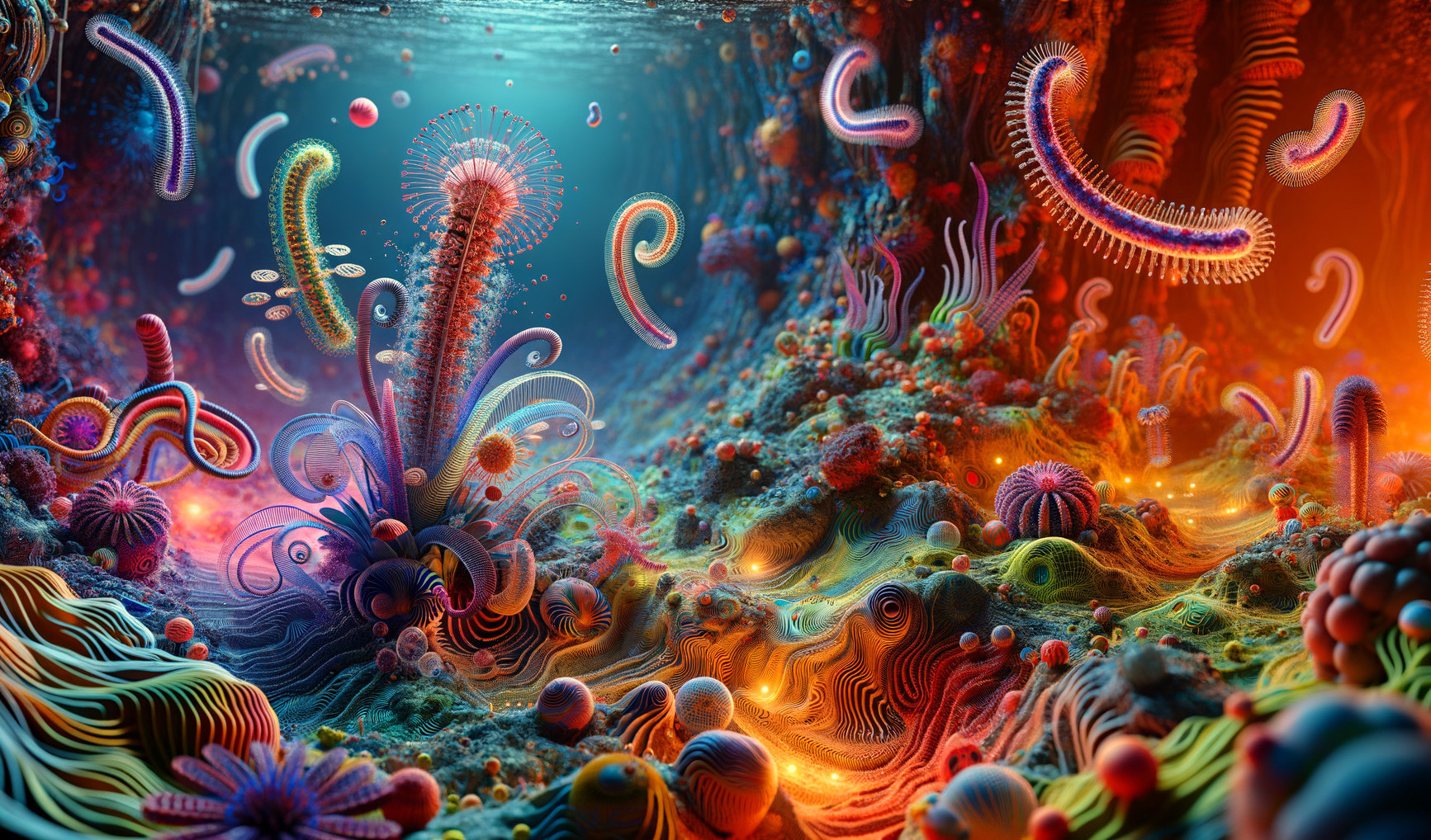 Colorful surreal underwater scene with fantastical coral structures and luminescent organisms.