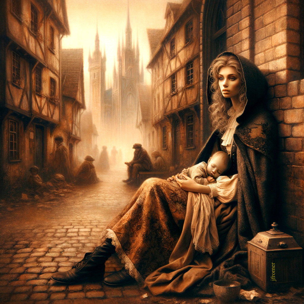 Woman with baby in cloak by brick wall in alleyway