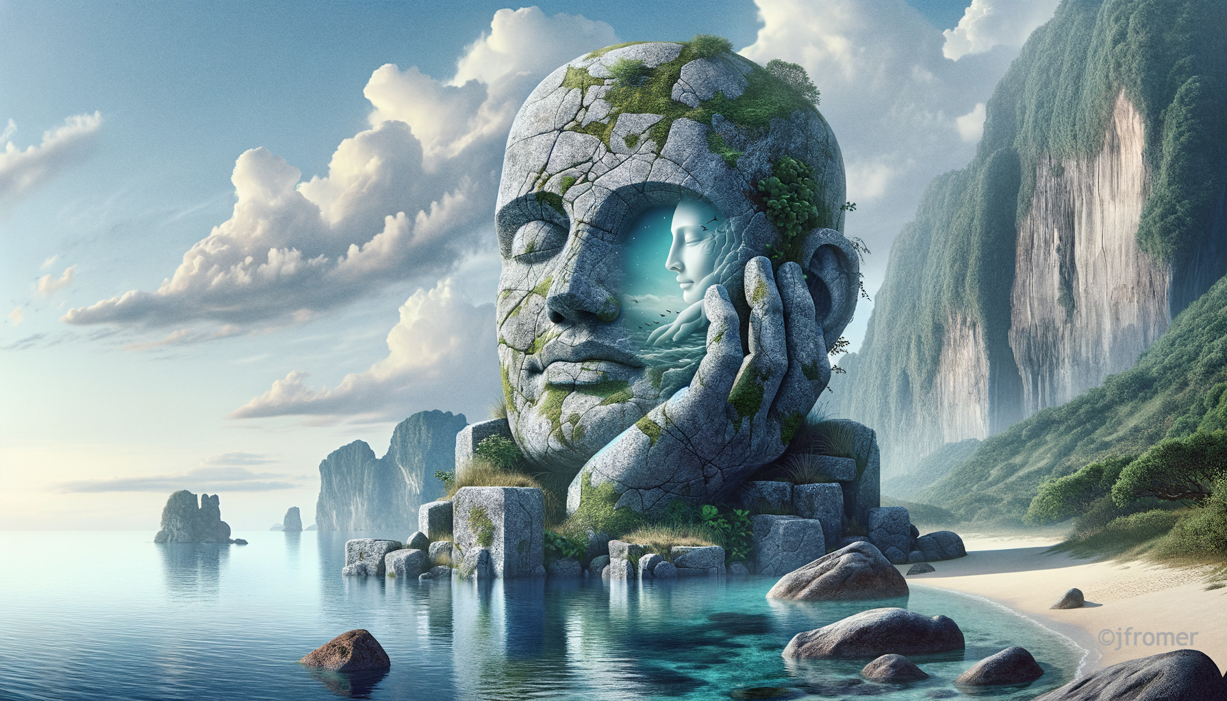 Colossal Stone Head Amidst Tranquil Shoreline Landscape
