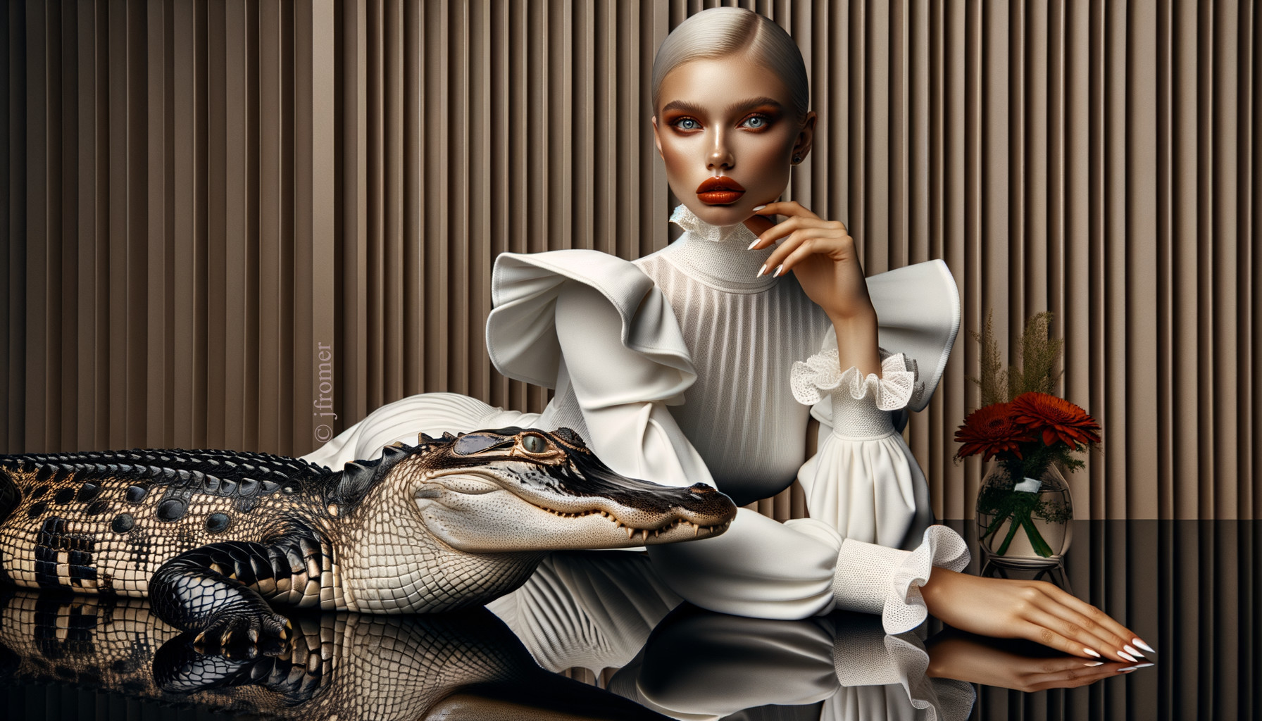 Fashionable Woman with Alligator in Elegant Setting