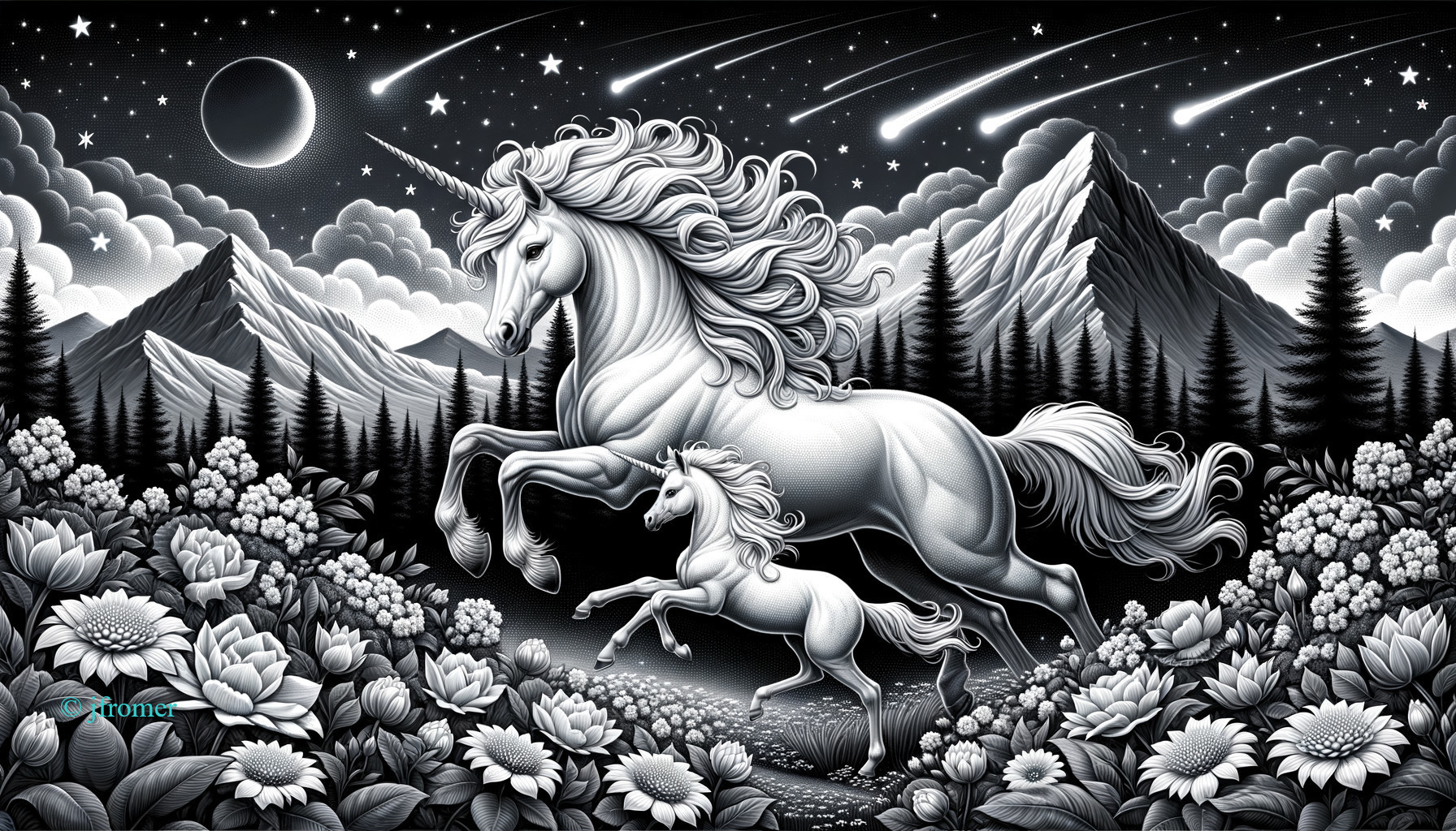 Majestic unicorns in a black-and-white landscape