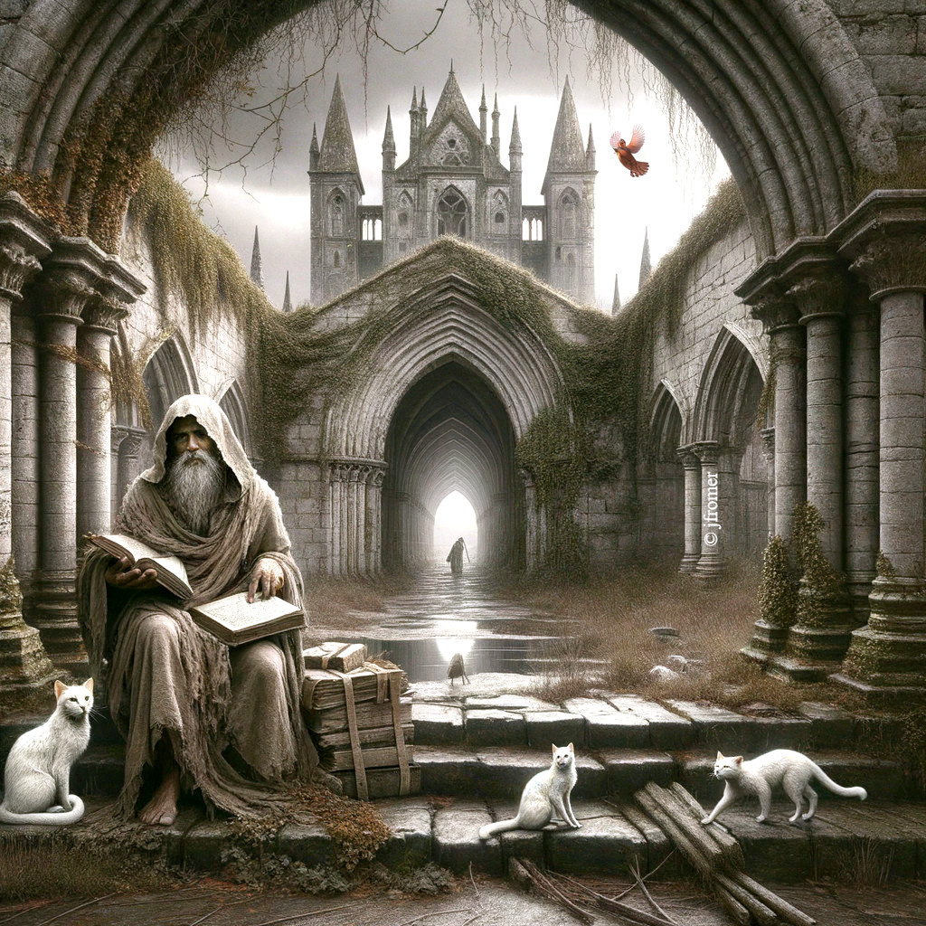 Elder Wizard Reading in Mystical Gothic Setting