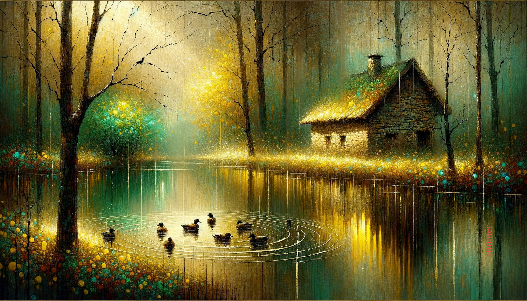 Serene Cottage Landscape with Autumn Colors and Ducks