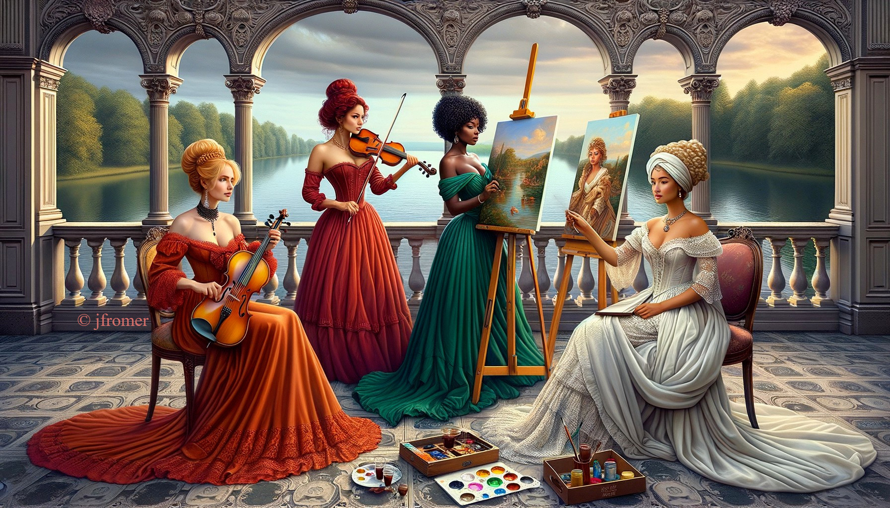 Elegant women in vintage gowns on a scenic terrace