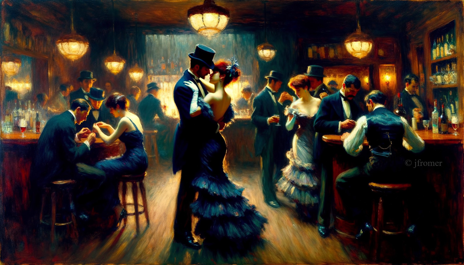 Vintage Bar Scene with Couples Dancing in 19th-Century Attire