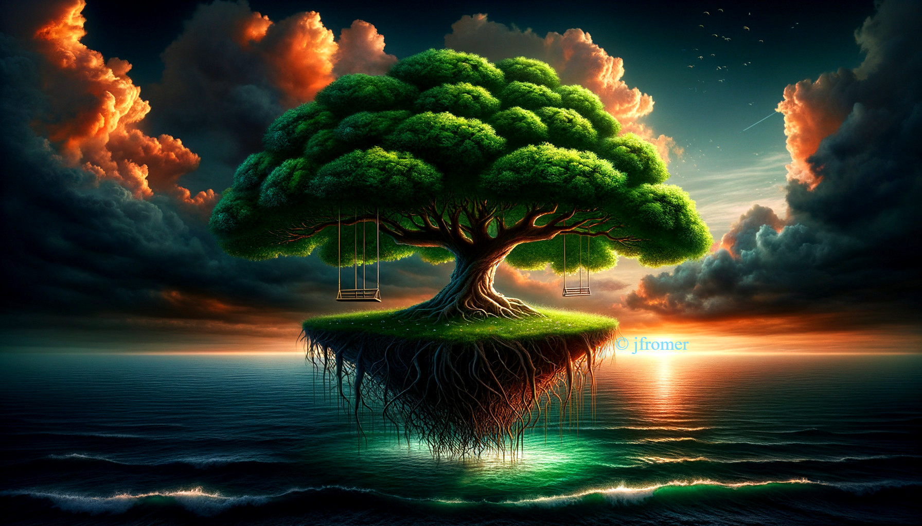 Floating Tree Over Serene Waters at Sunset