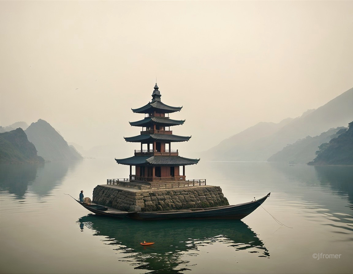 Serene Landscape with Pagoda and Tranquil Waters