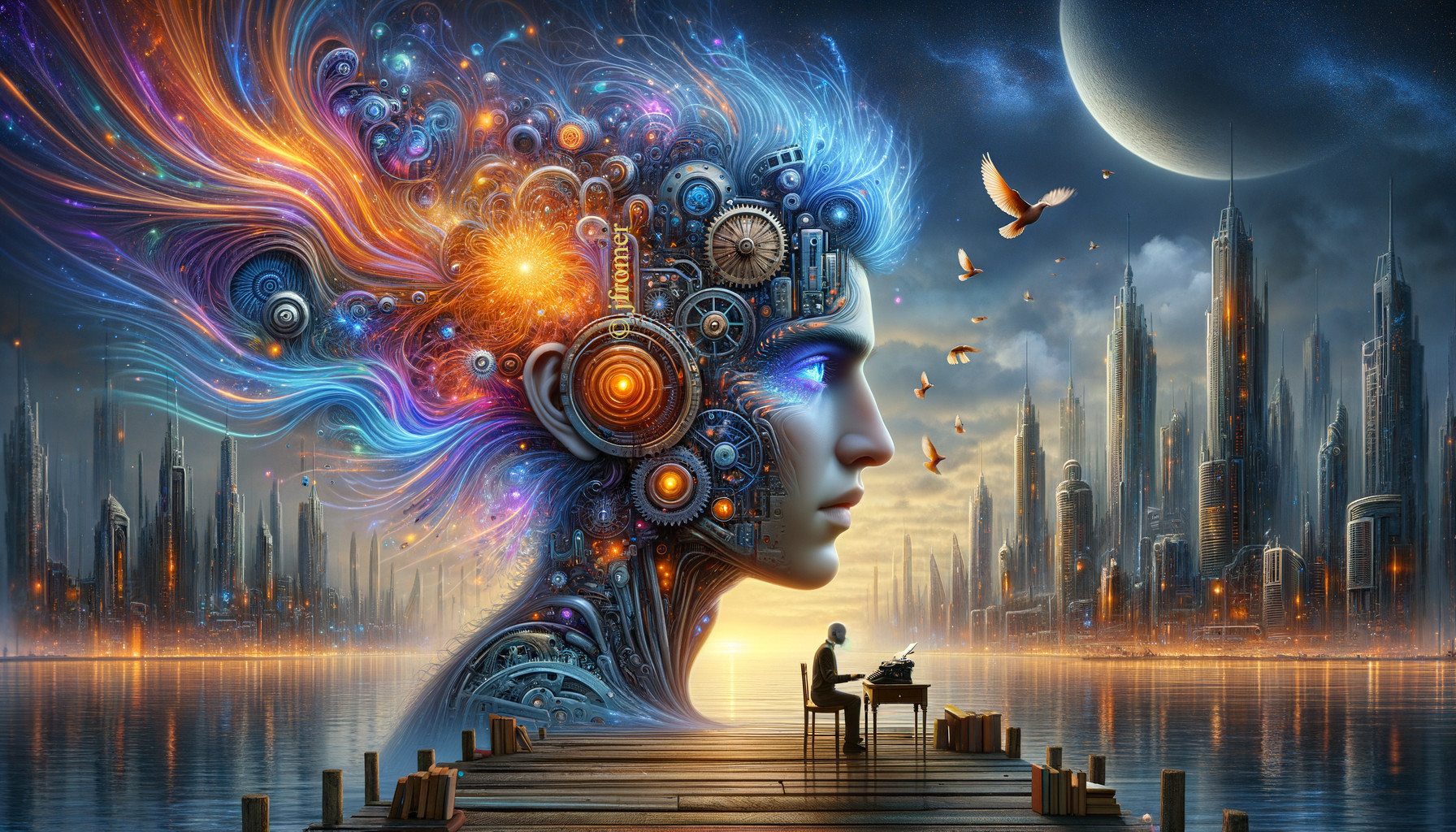 Digital Artwork of Mechanical Head in Futuristic Cityscape