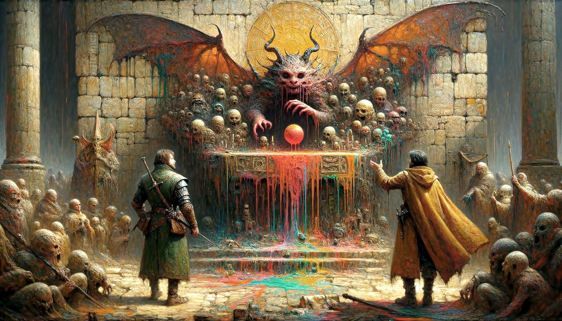 Ancient Chamber with Demonic Entity and Figures
