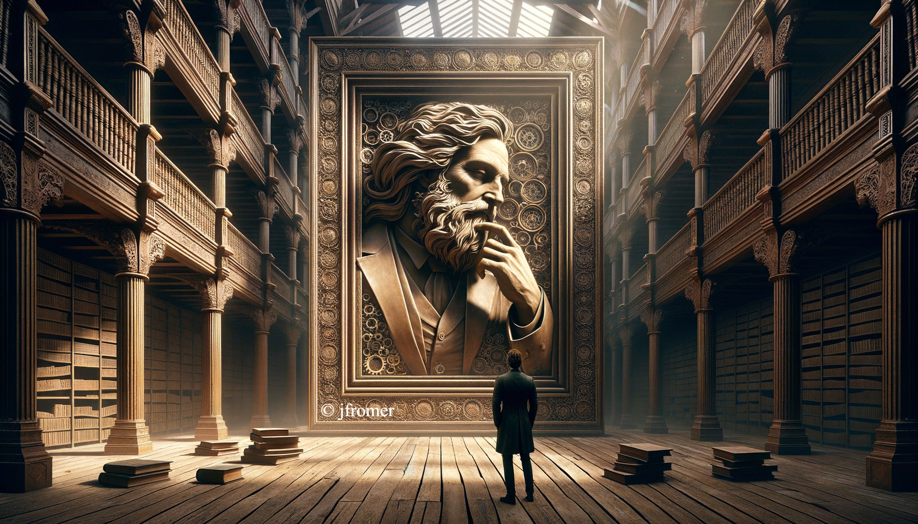 Contemplative Figure in Ornate Library Portrait