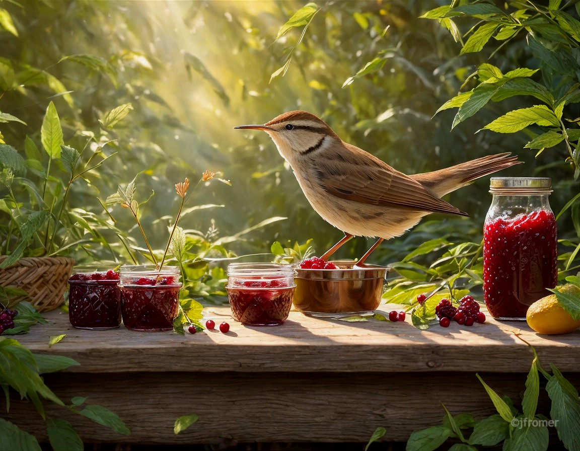 Bird on Table with Jars of Red Jam and Fresh Berries