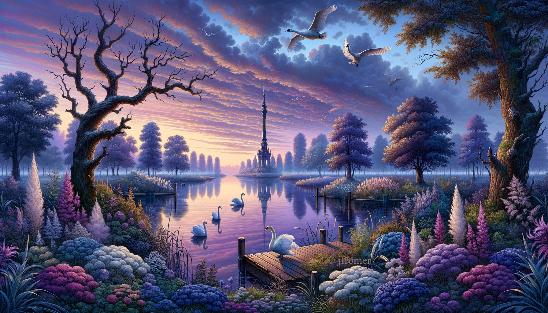 Twilight Landscape with Colorful Sky and Swans