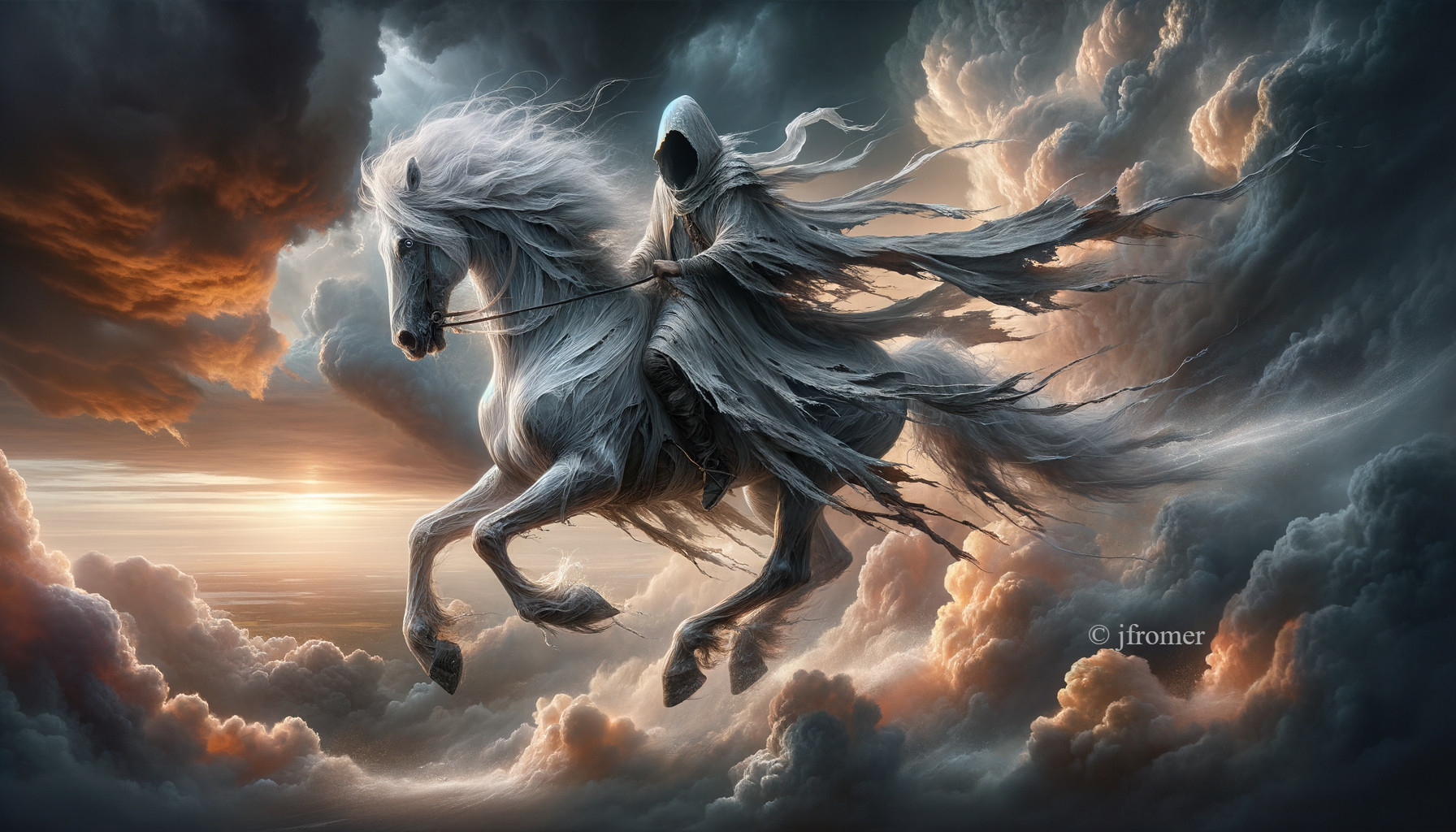 Spectral Figure on White Horse Against Dramatic Sky