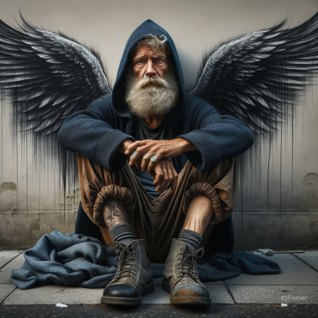 Older man with beard and mural of angelic wings
