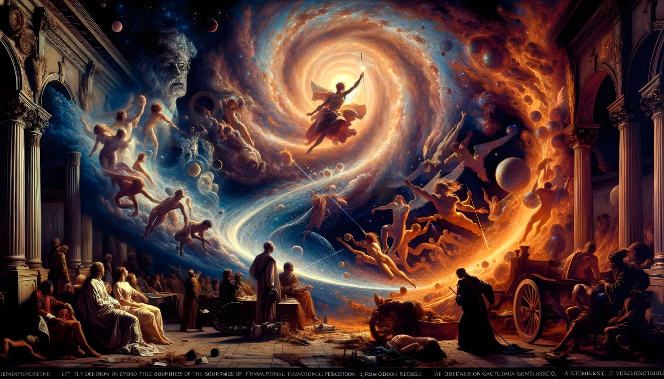 Cosmic Painting of Figures Floating Towards Galaxy