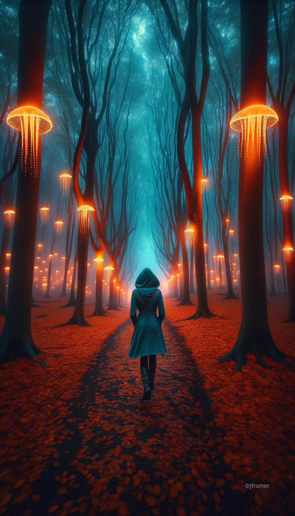 Teal Coat Figure in Mystical Forest with Jellyfish