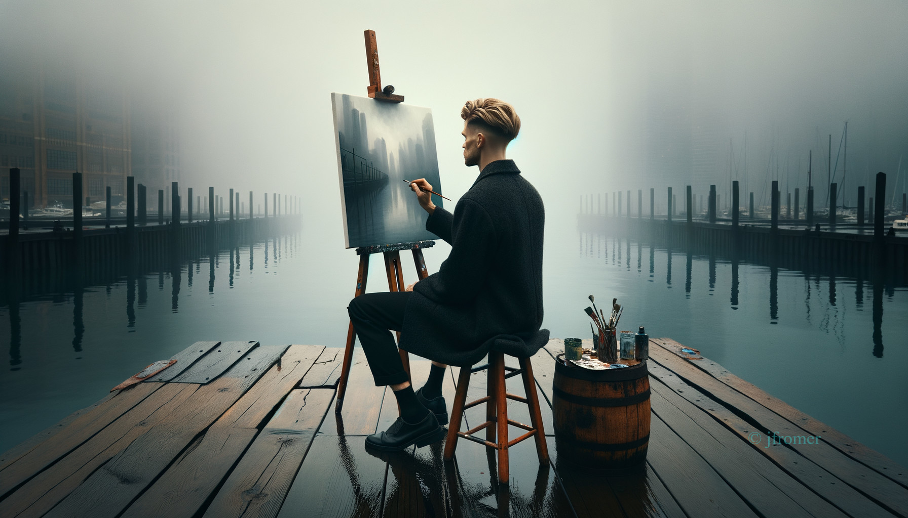 Artist Painting on Dock with Misty Waters and Skyscrapers