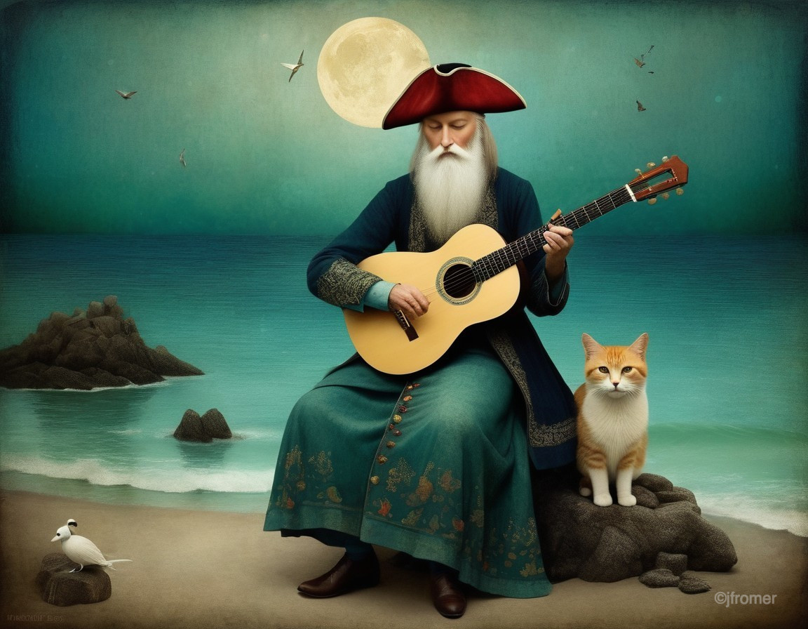 Seaside Scene with Music, Cat, and Moonlight