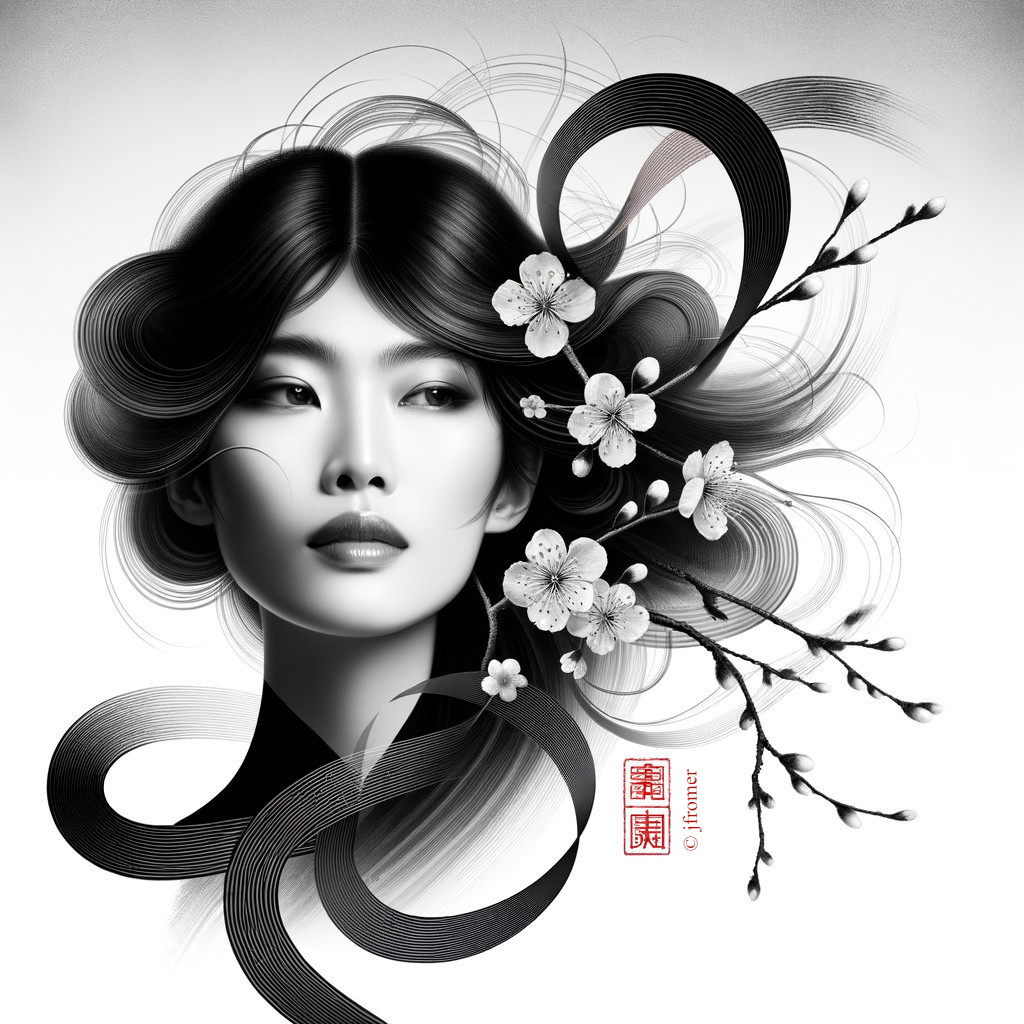 Monochrome Illustration of Asian Woman with Cherry Blossoms
