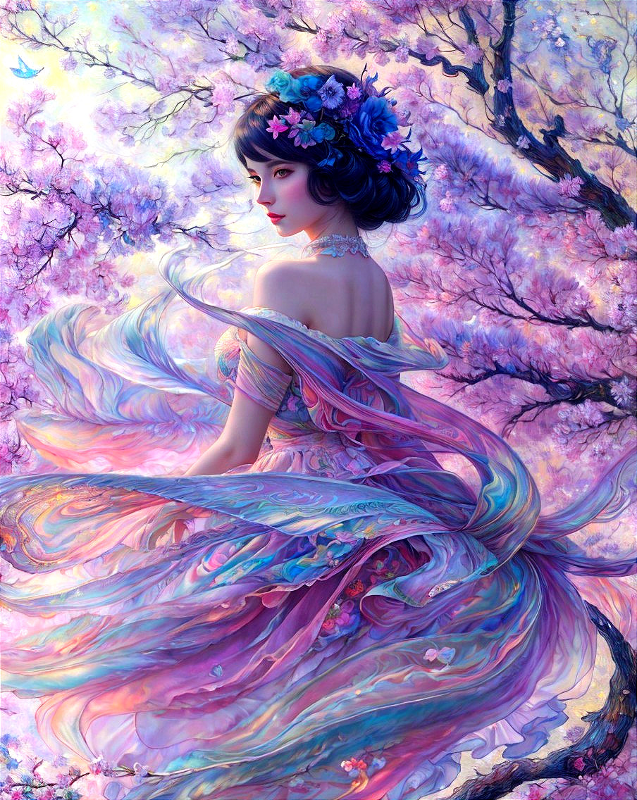 Colorful illustration of woman with floral hair and cherry blossoms