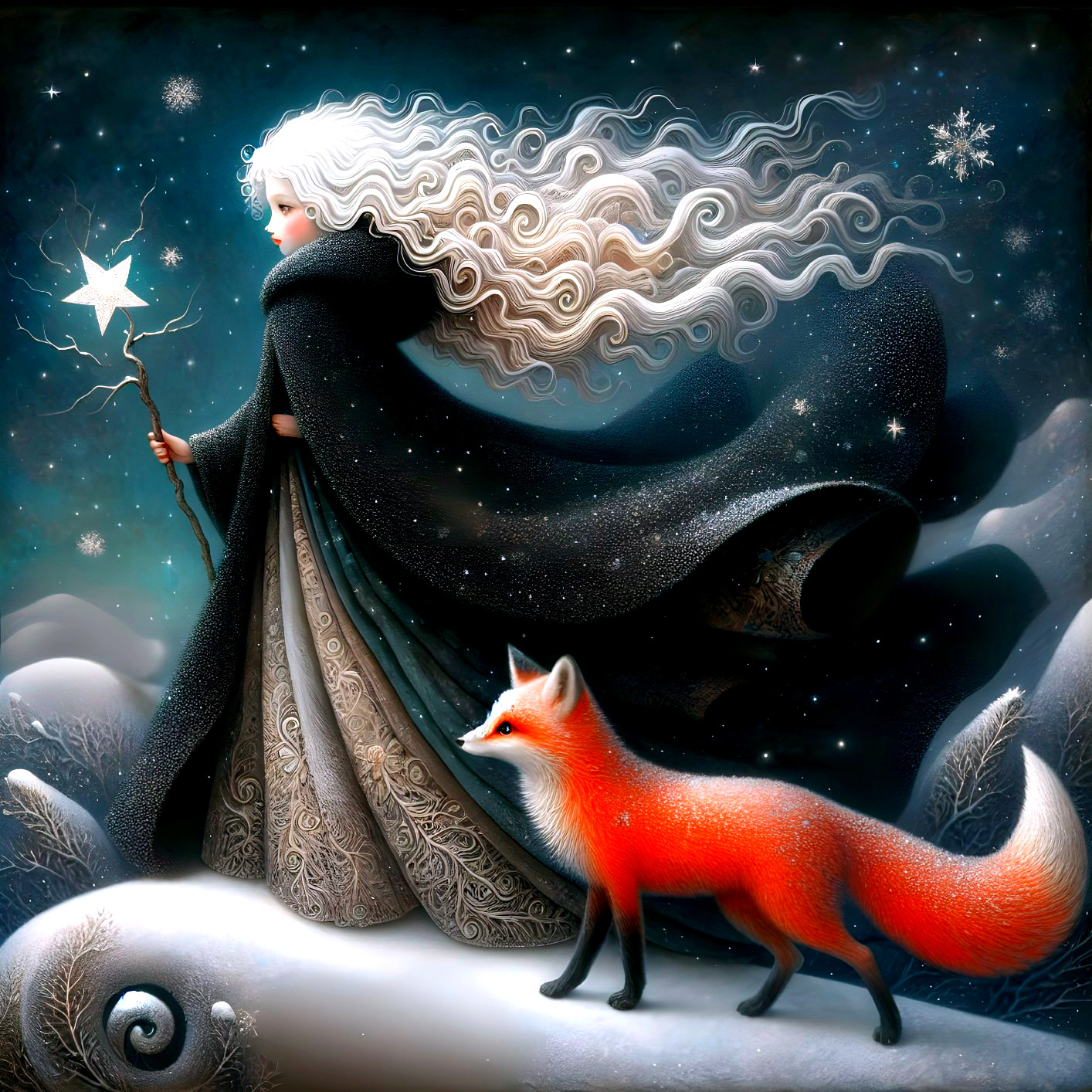 Mystical Woman with Fox in Enchanting Snowy Scene