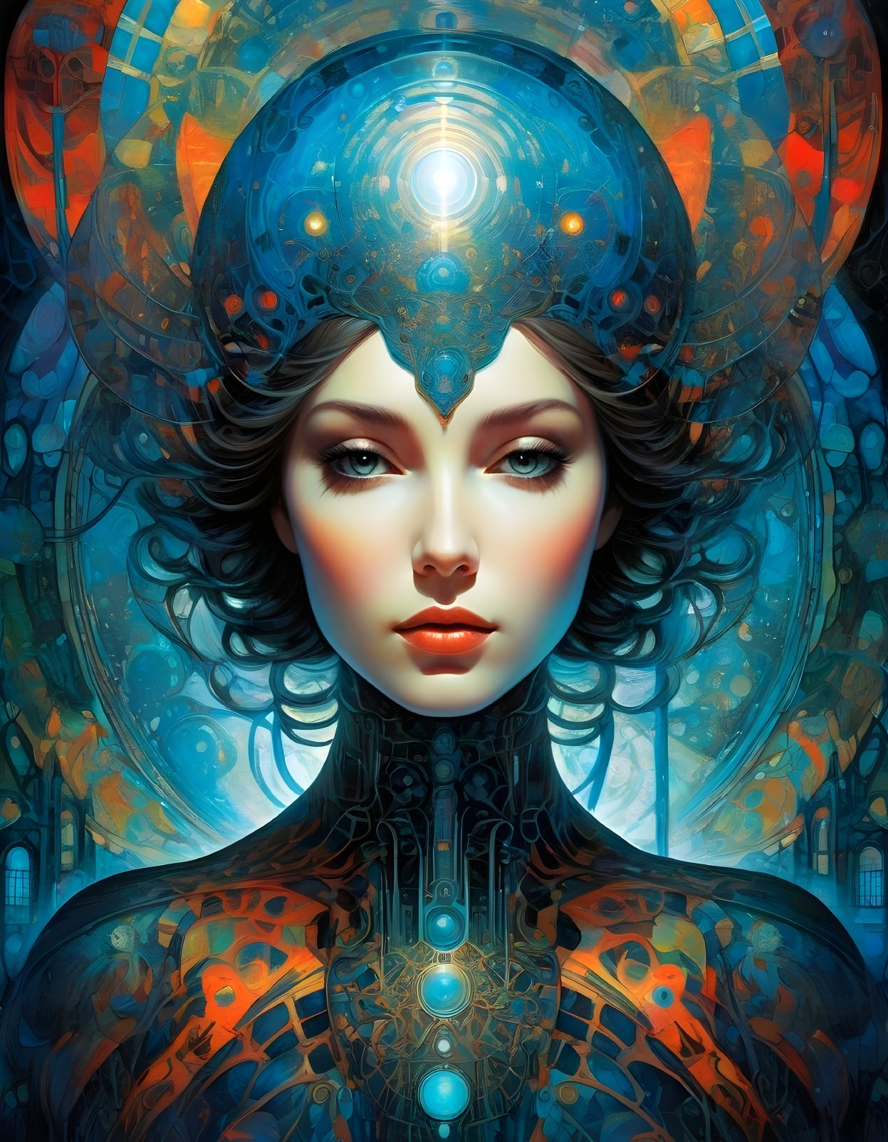 Futuristic woman in armor with glowing orb on forehead