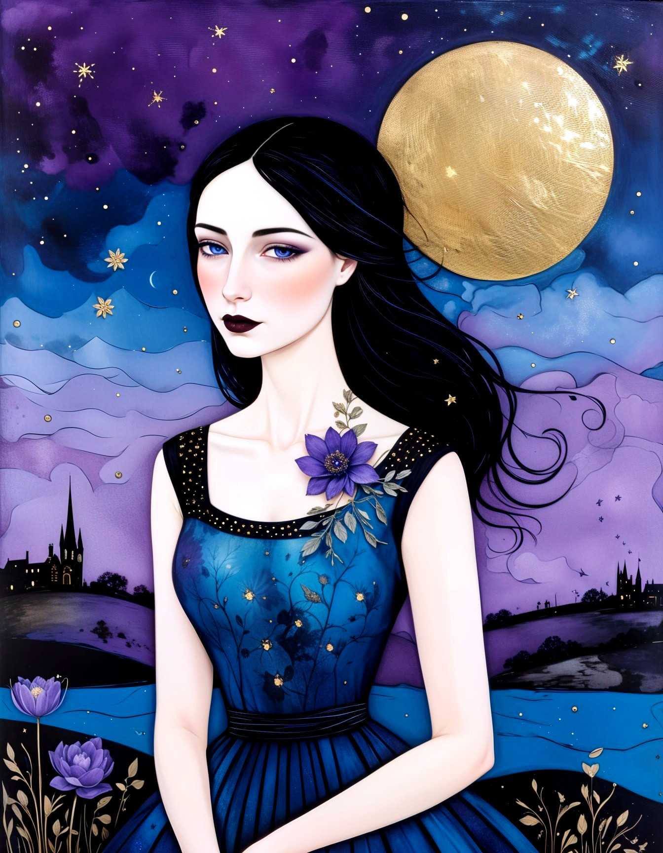 Striking Woman in Blue Dress Against Purple Moonlit Sky