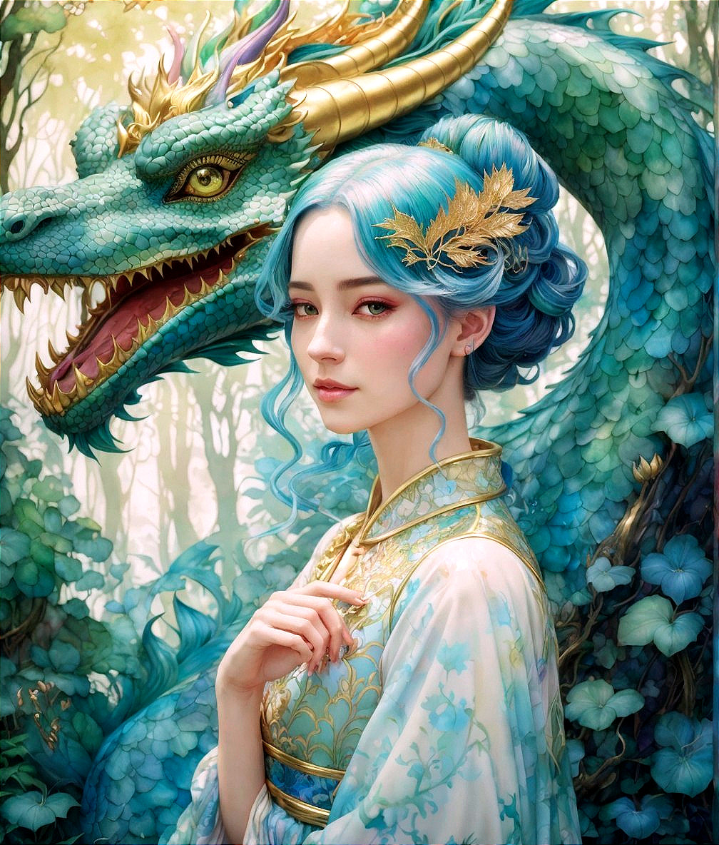 Blue-haired woman in traditional attire faces green dragon in lush setting