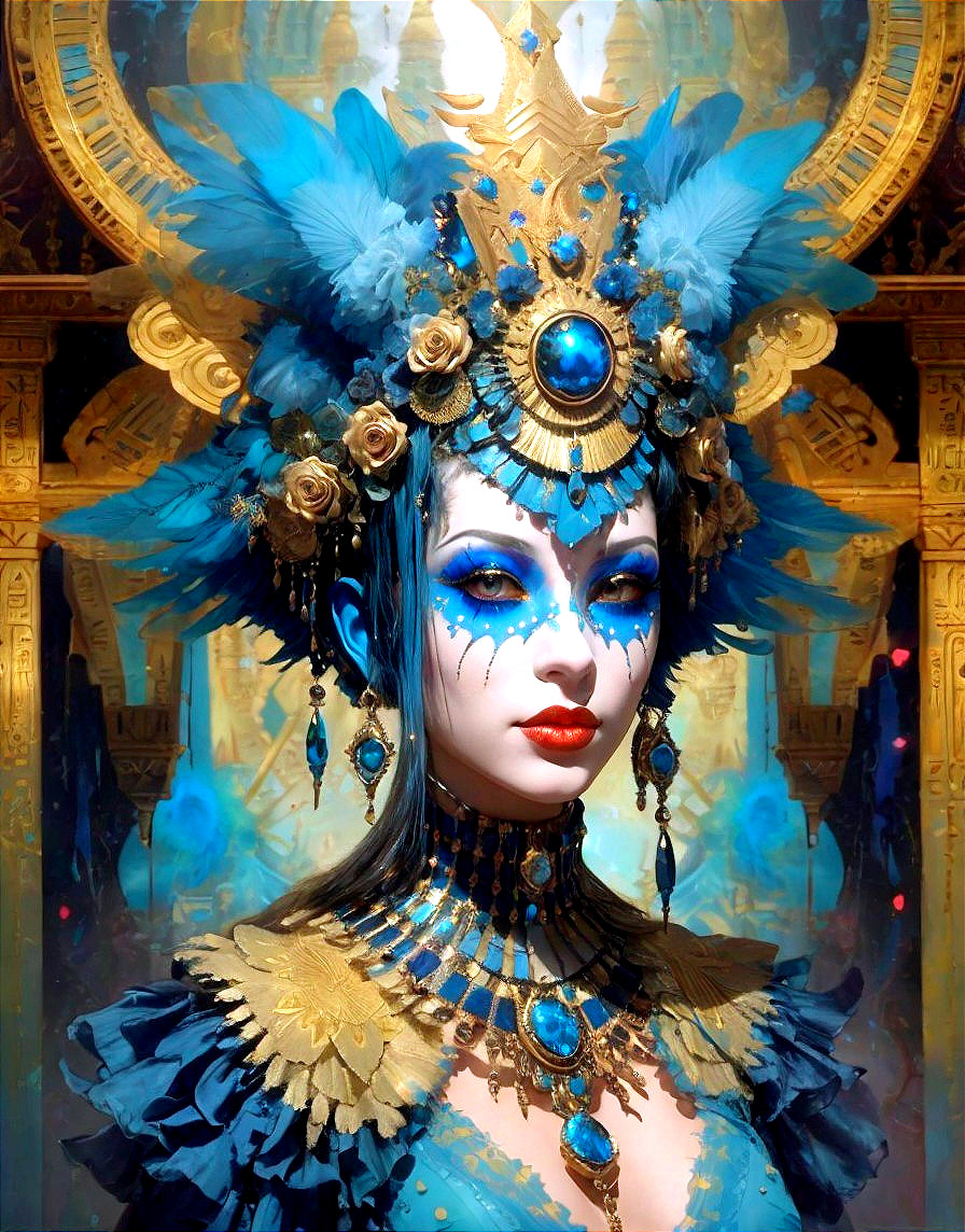 Fantasy Portrait of Woman in Blue and Gold Headdress