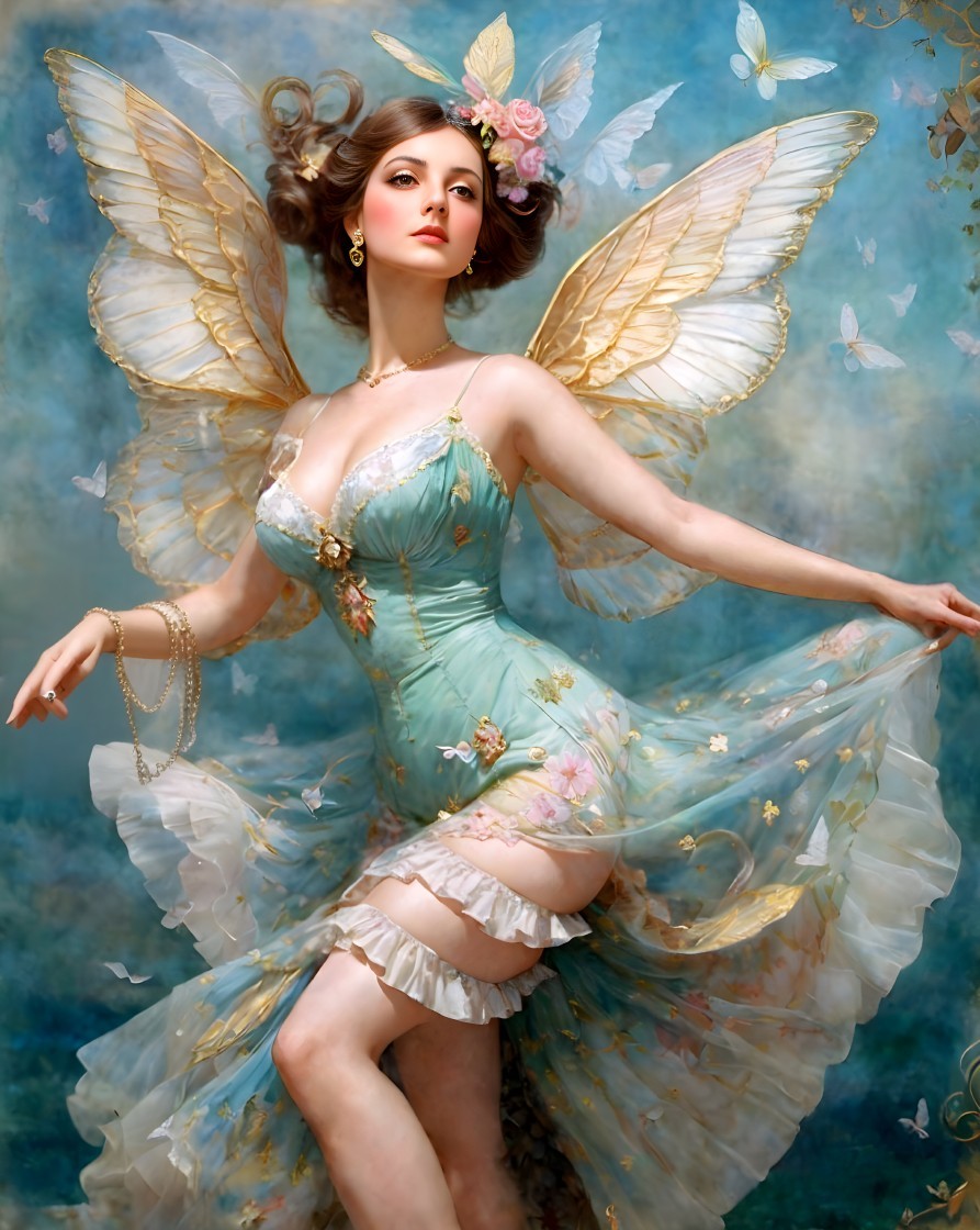 Person with butterfly wings in ethereal dress surrounded by flowers and butterflies on soft blue backdrop