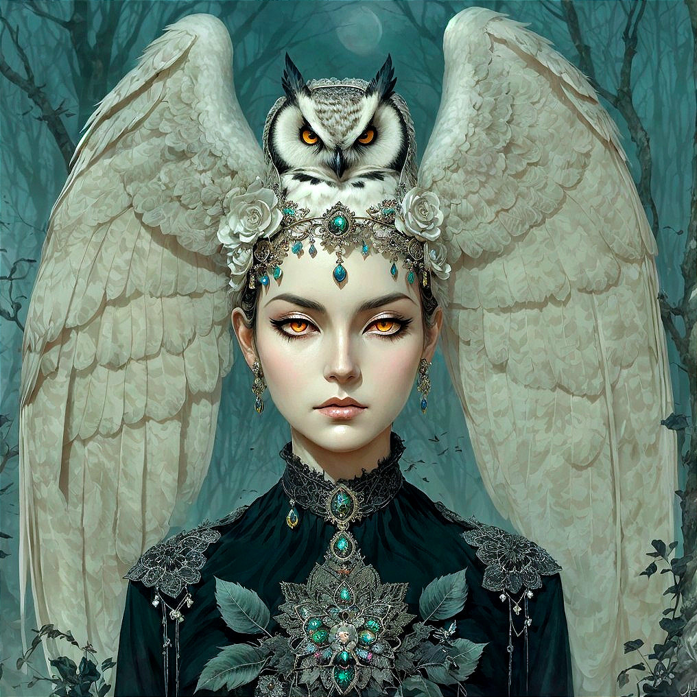 Fantasy Illustration of Woman with Owl Features and Wings