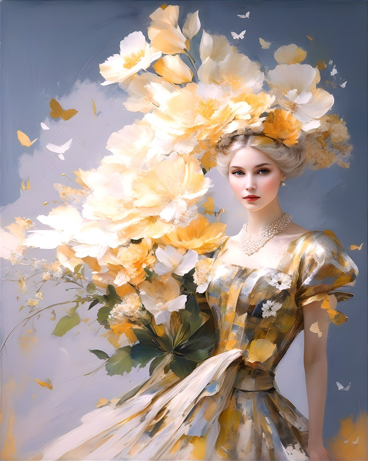 Woman with Yellow Flowers and Butterflies in Digital Painting