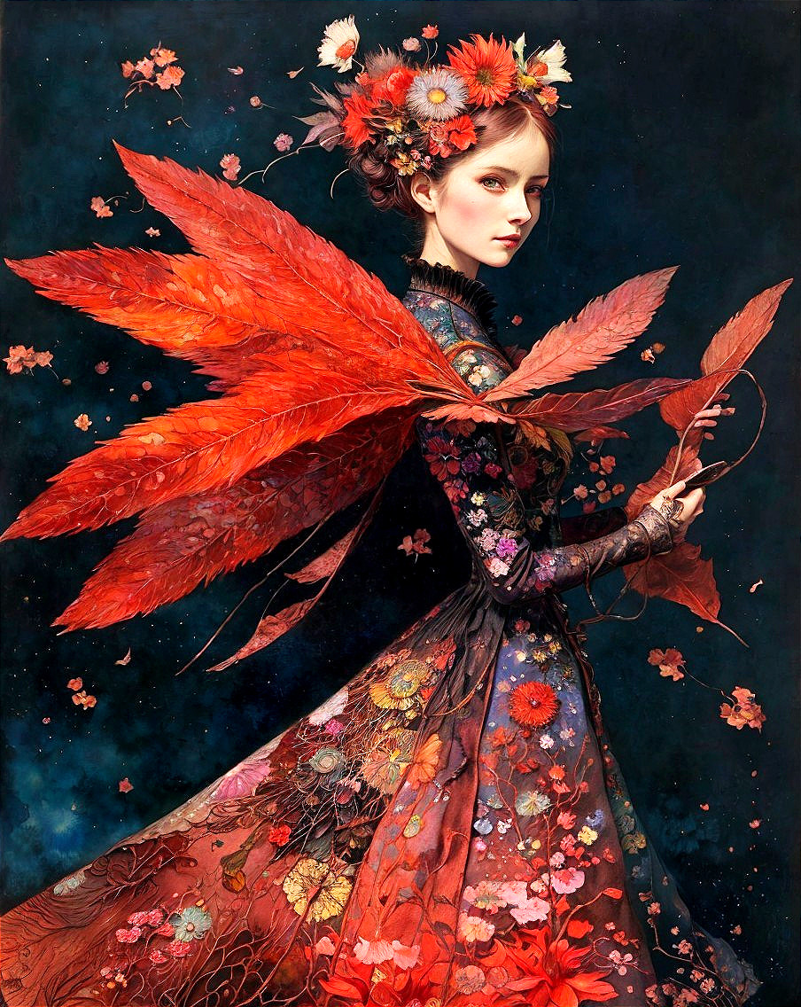 Vibrant woman with flowers and red leaves on starry background