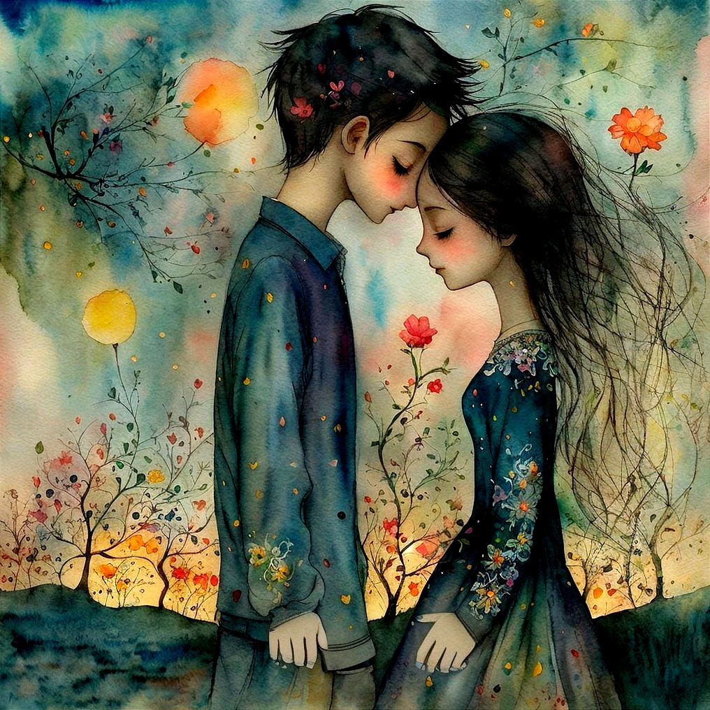 Tender Moment Between Two Figures in Dreamy Setting