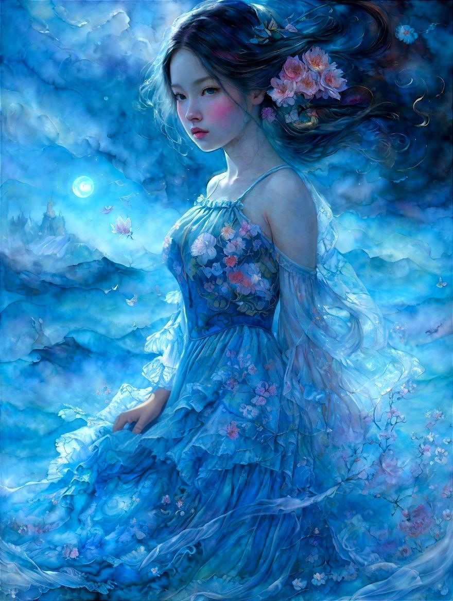 Ethereal woman in blue floral dress with dreamy floral backdrop