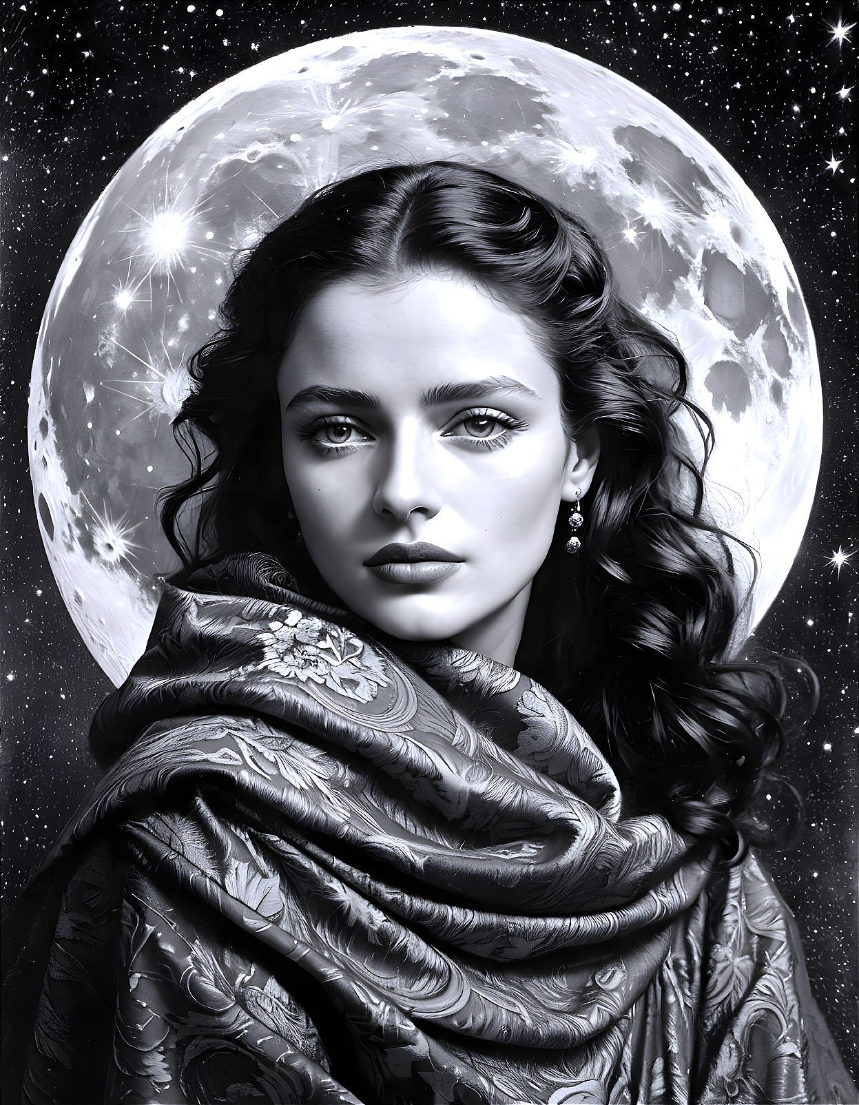 Monochromatic Image of Woman in Elegant Robe with Moon