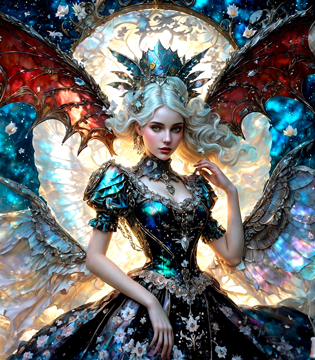 Blonde woman in regal attire with ornate crown and wing-like structures