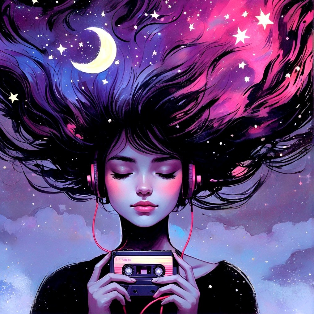 Young woman with cosmic hair in starry night scene