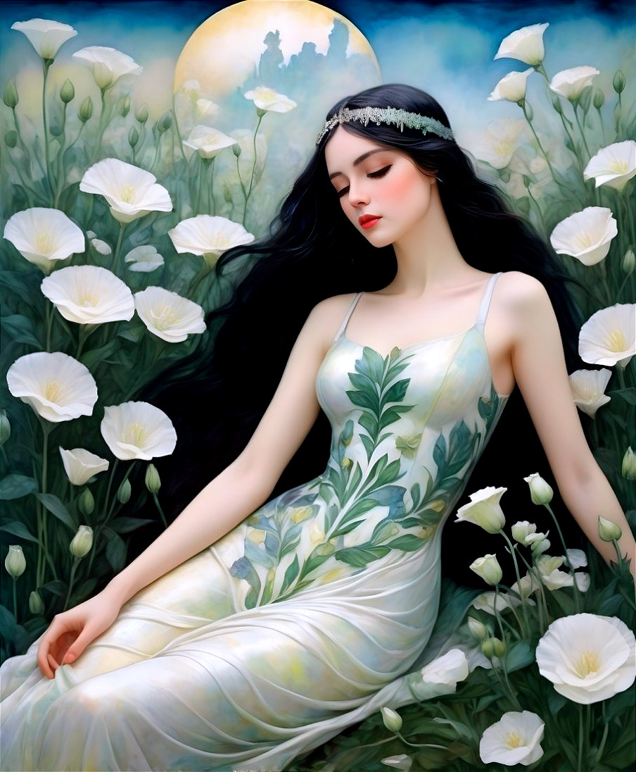 Serene Woman Surrounded by Blooming White Flowers
