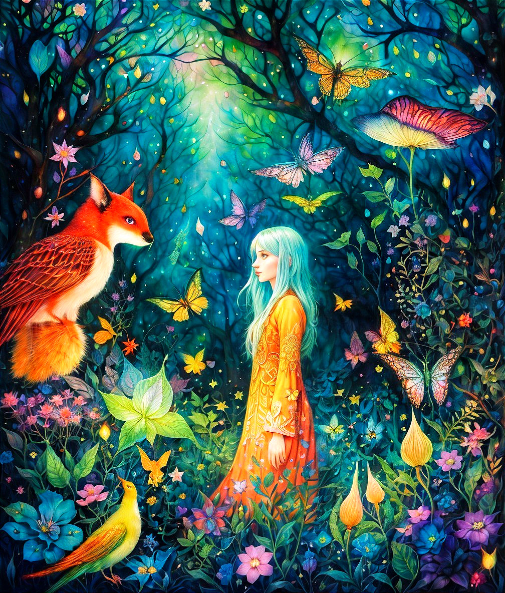 Fantasy illustration of woman with blue hair in forest with fox, birds, butterflies