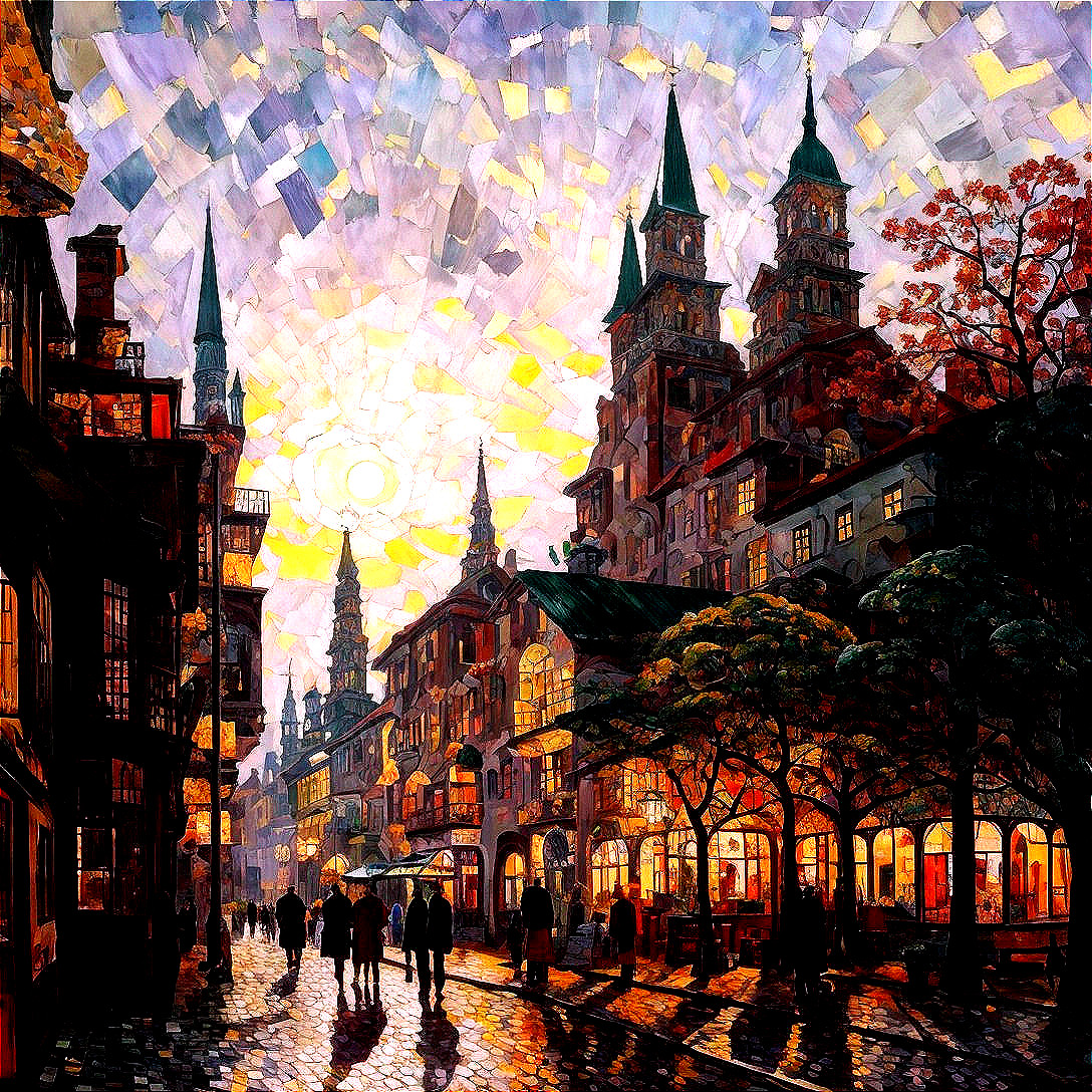 Impressionist-style painting: City street at sunset